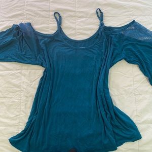 Torrid SuperSoft teal cold shoulder knit top.